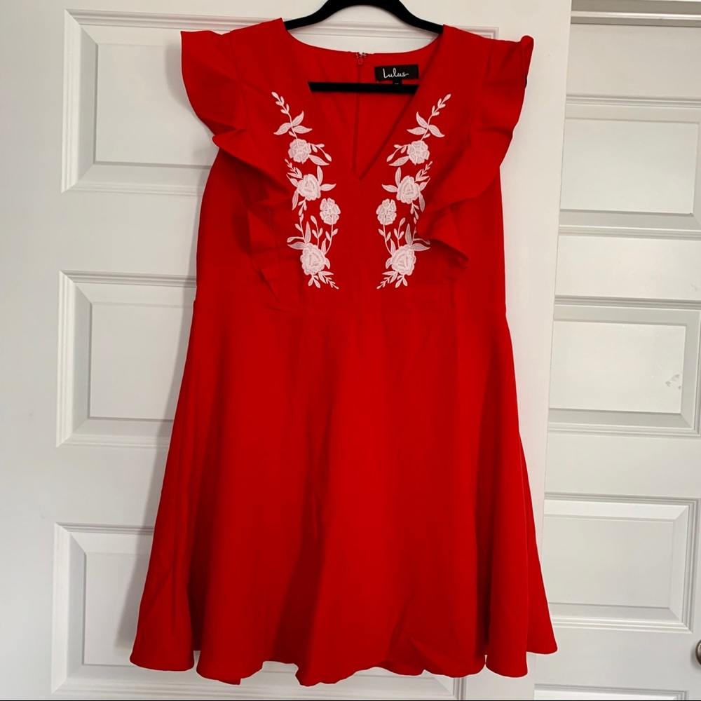 Embroidered Red Ruffle Dress!